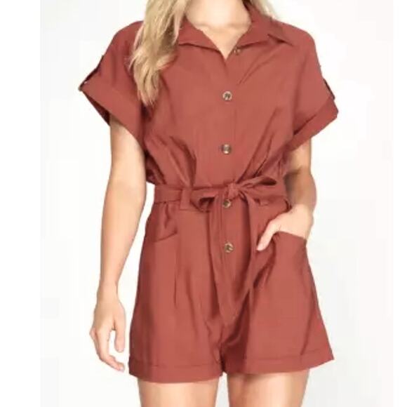 She + Sky Pink Romper Medium Cargo Utility Romper - Picture 1 of 2